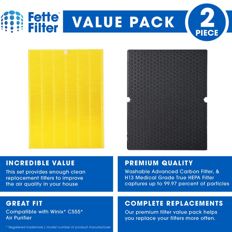 Fette Filter Winix C555 Compatible Premium H13 True HEPA Filter - Includes 1 HEPA Filter + 1 Washable Activated Carbon Filter - Image 2